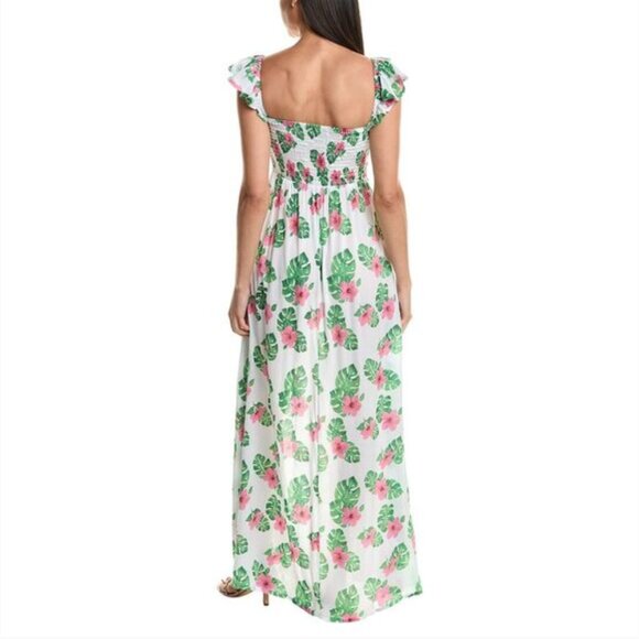 Tiare Hawaii Hollie Maxi Dress OS Tahitian Hibiscus Smocked Slits Vacation Beach - Picture 2 of 15
